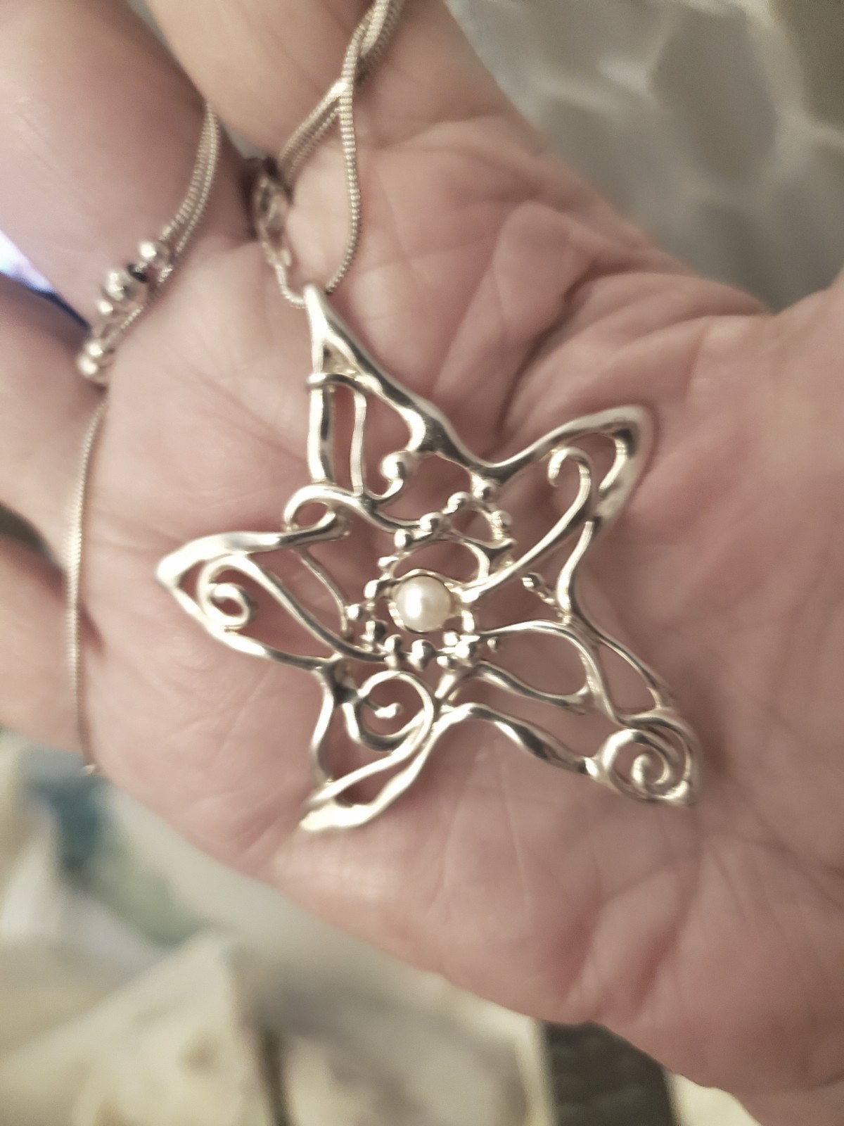 HAGIT GORALI Sterling Vintage Israel Pearl Star Pendant W Chain