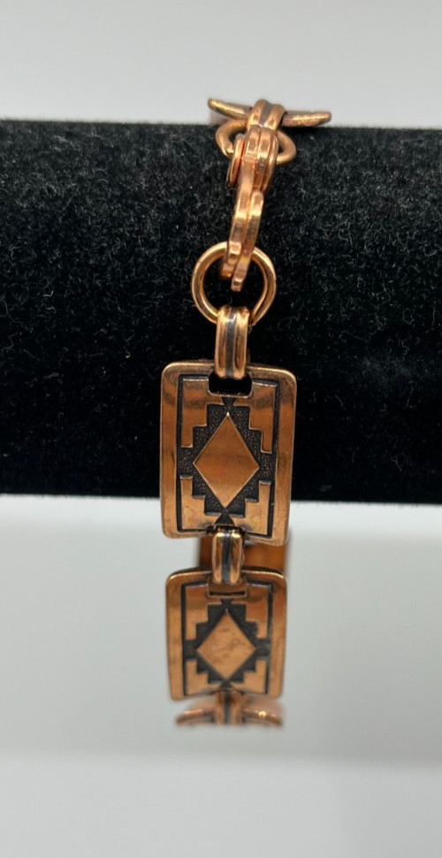 Vintage Copper Link Bracelet Southwestern Tribal Geometric Rectangle Panels 7.75