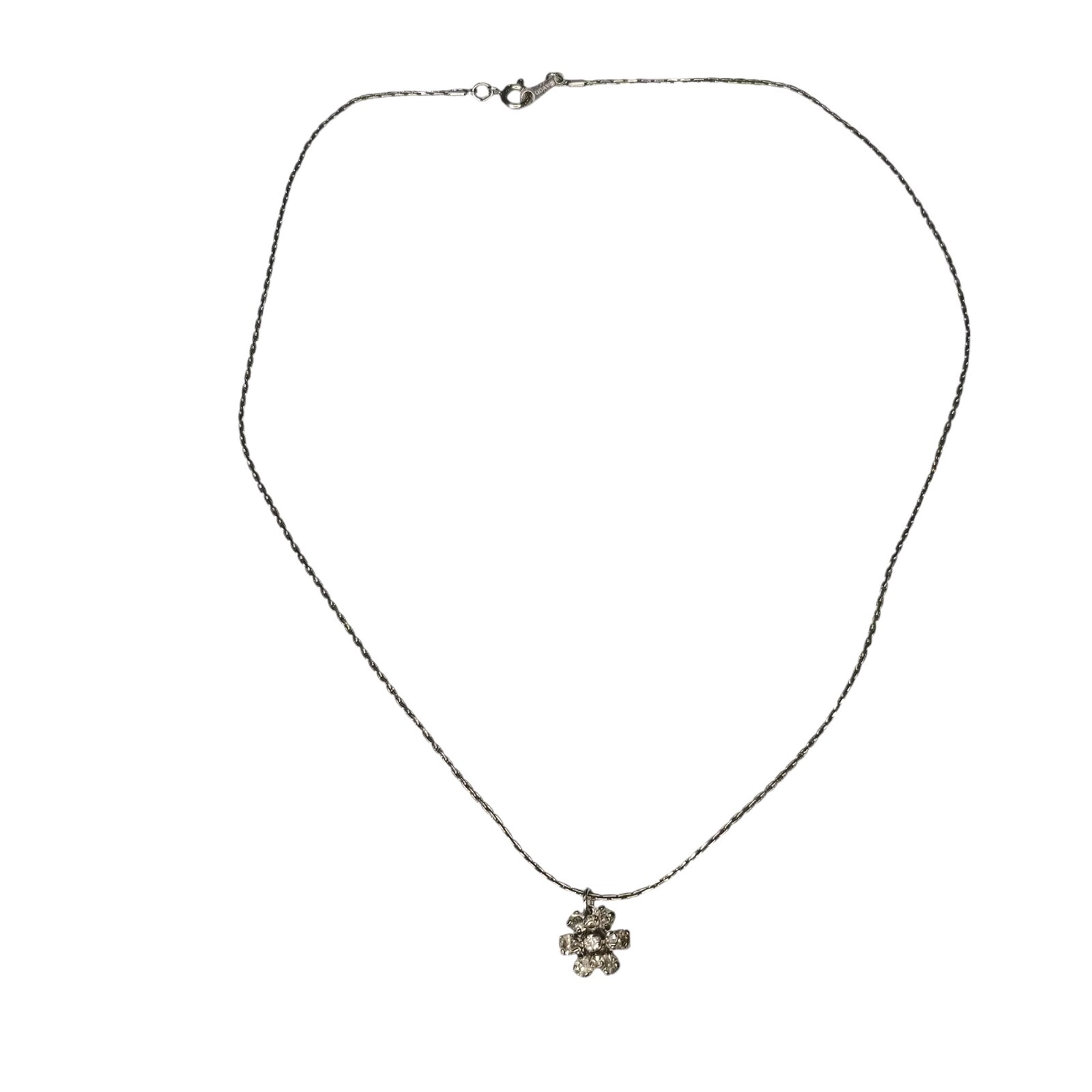 Retro Avon 3D Clear Rhinestone Flower Pendant Necklace Silver Tone Dainty 18″