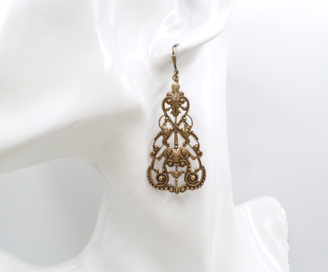 Large Brass Filigree Statement Earrings, Victorian Reproduction Jewelry, Tudor