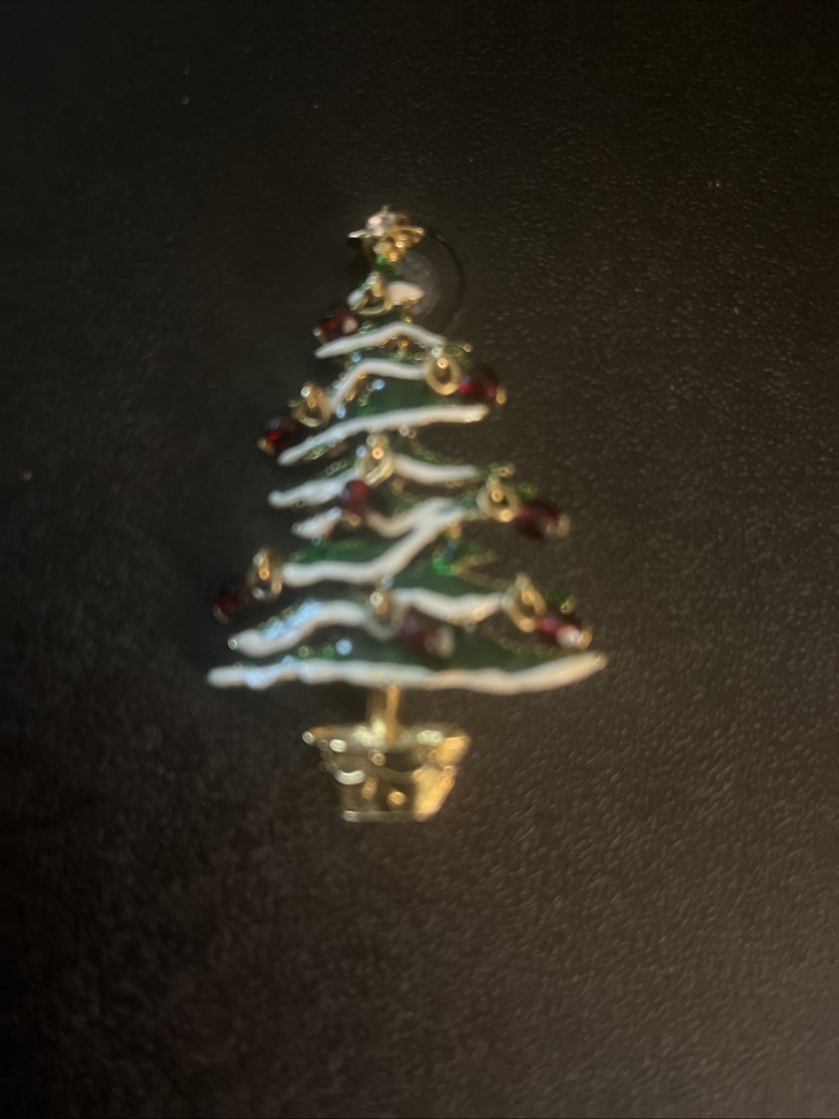 Avon Green Enamel Red Crystal Dangle Ornament Gold Tone Christmas Tree Brooch