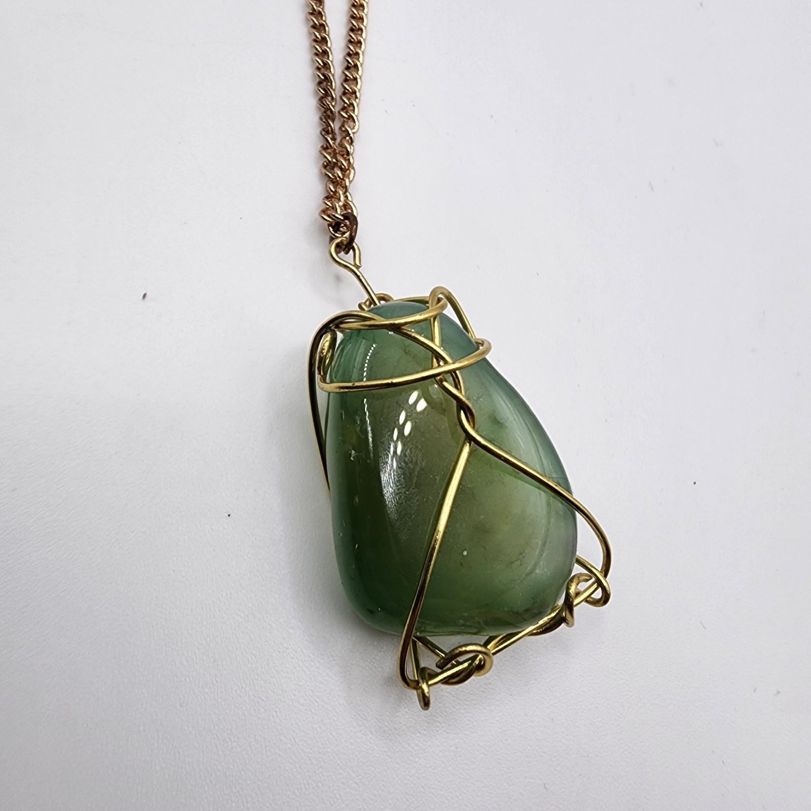 Vintage Artisan Gold Tone Wire Wrapped Jade Pendant Necklace Healing Green Stone