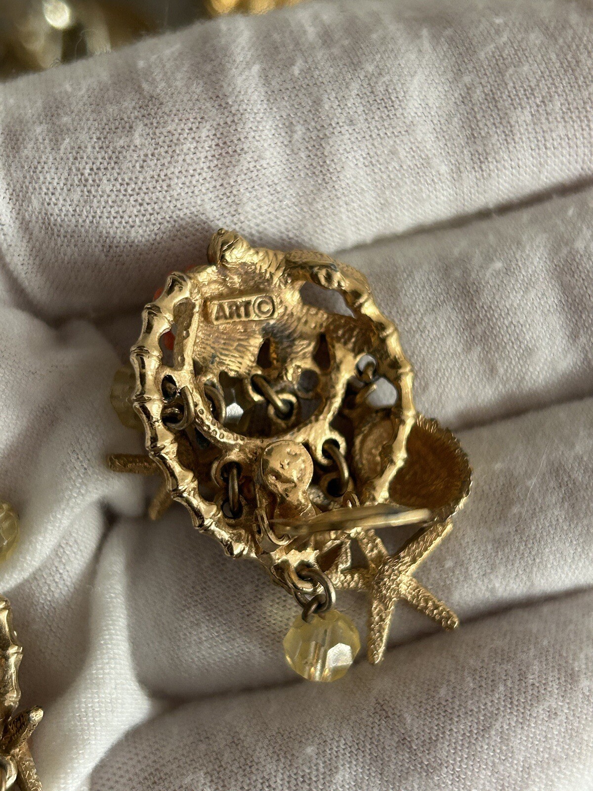 Vintage ART Arthur Pepper Clip Earrings Dangle Shells Beach AB Crystals REaD