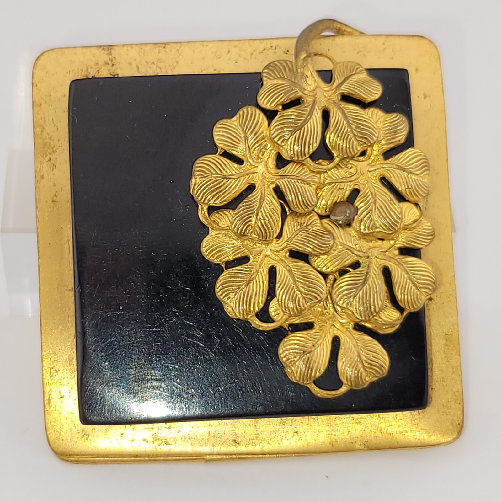 Antique Art Nouveau Gold over Brass Flower Black Glass Statement Runway Brooch