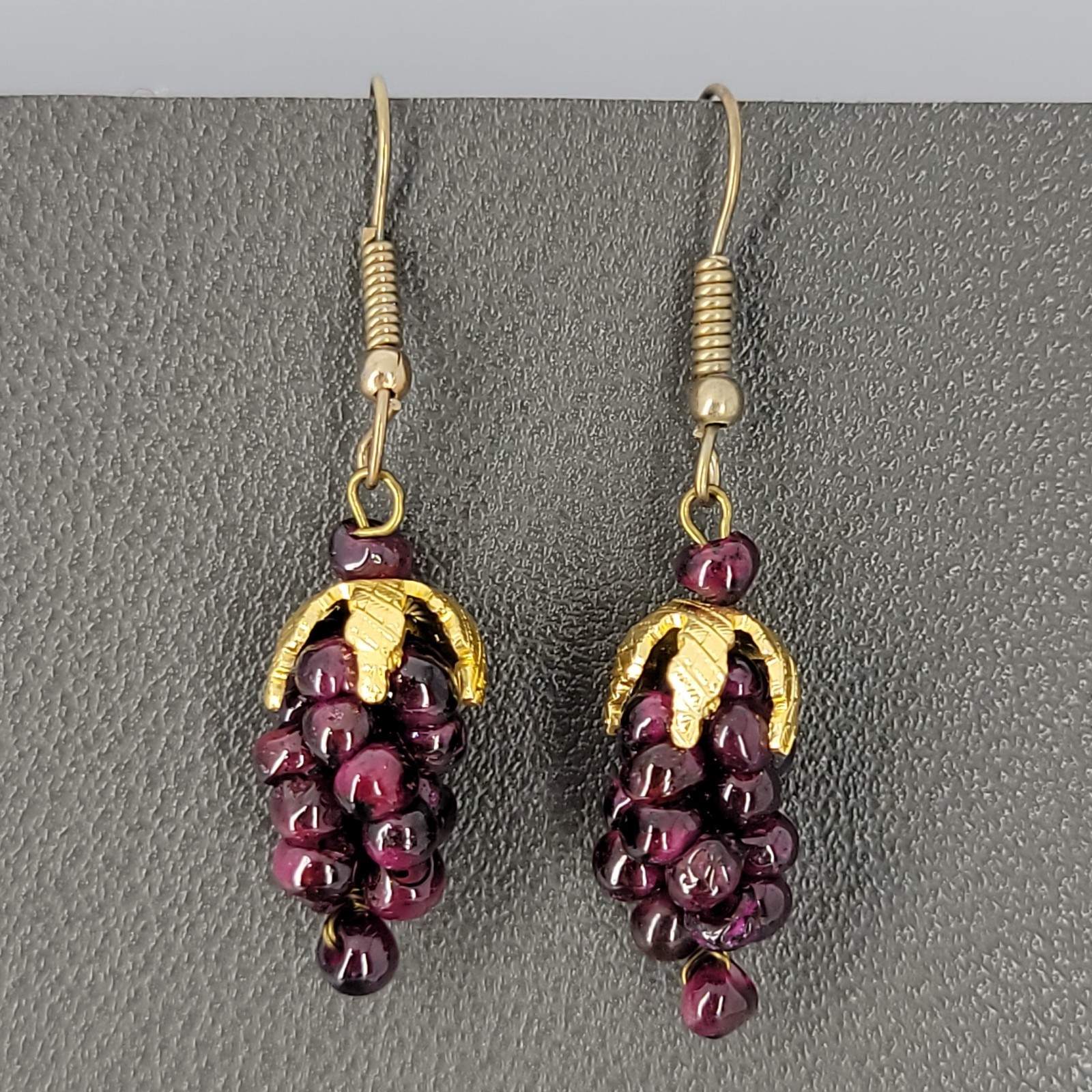 Vintage Genuine Garnet Grape Cluster Dangle Earrings 1.75″ Long