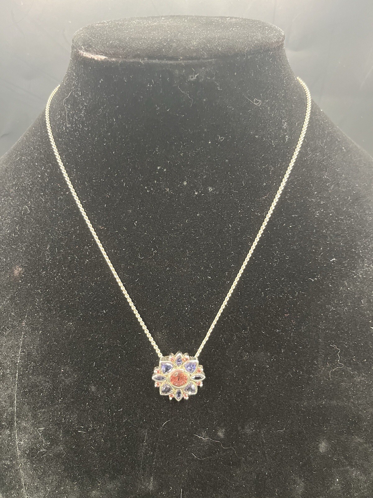 925 Sterling Silver 18” Necklace Flower Pendant Pink & Violet Rhinestones 9.3g