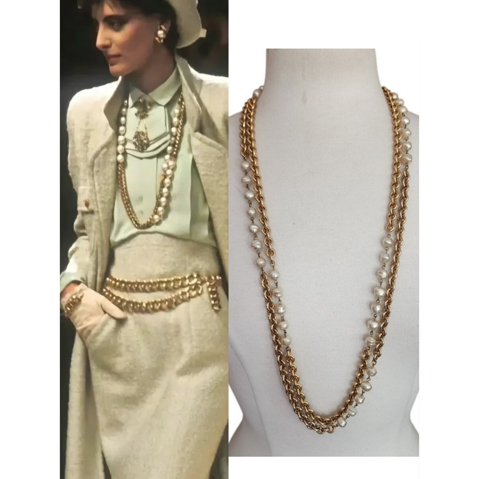 VTG Chanel 1984 Necklace Double Strand Gold Chain Pearl Documented Lagerfeld