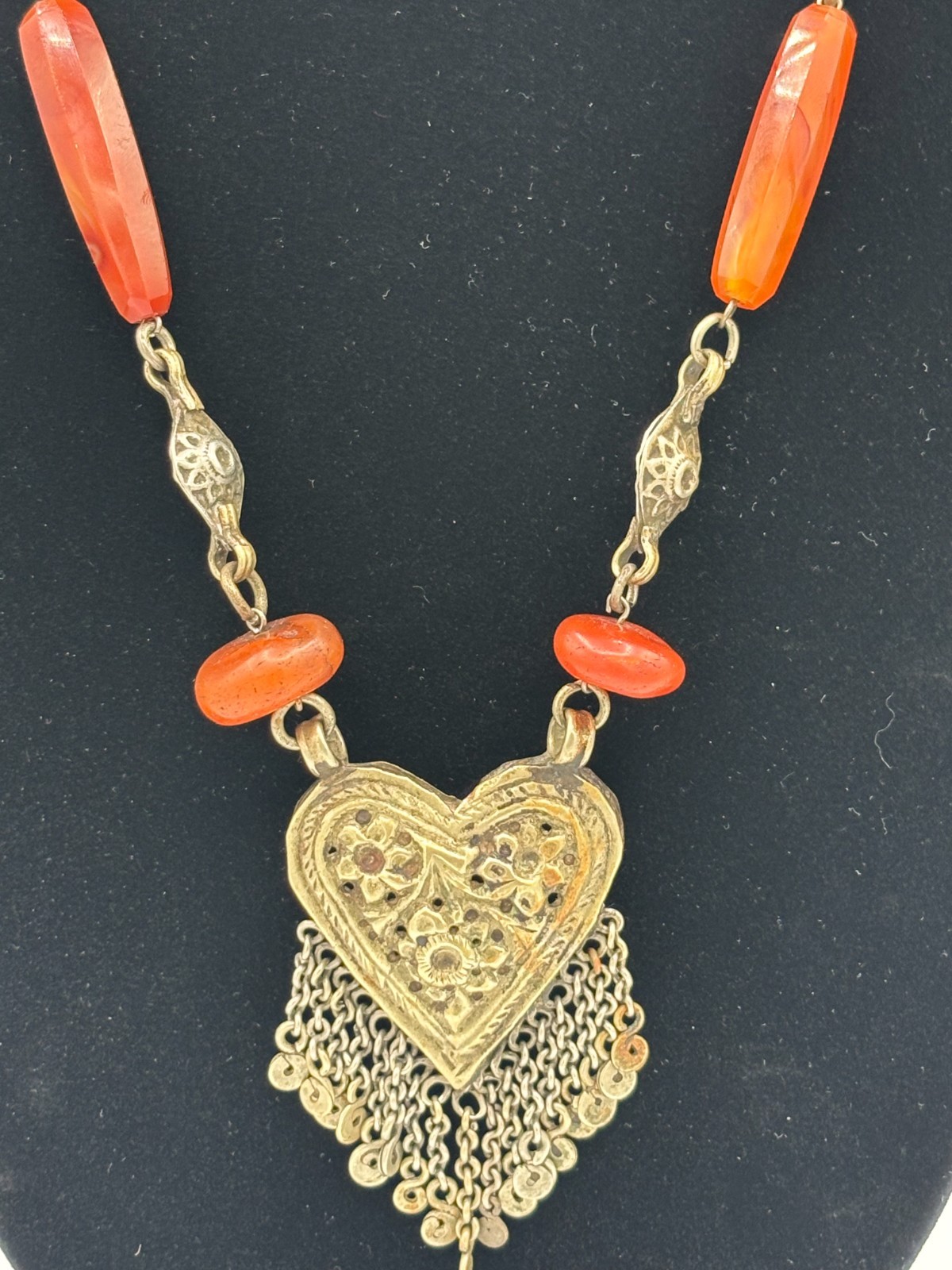 Vintage Turkmen Silver Carnelian Asyk Heart Necklace Yemeni Tribal Statement