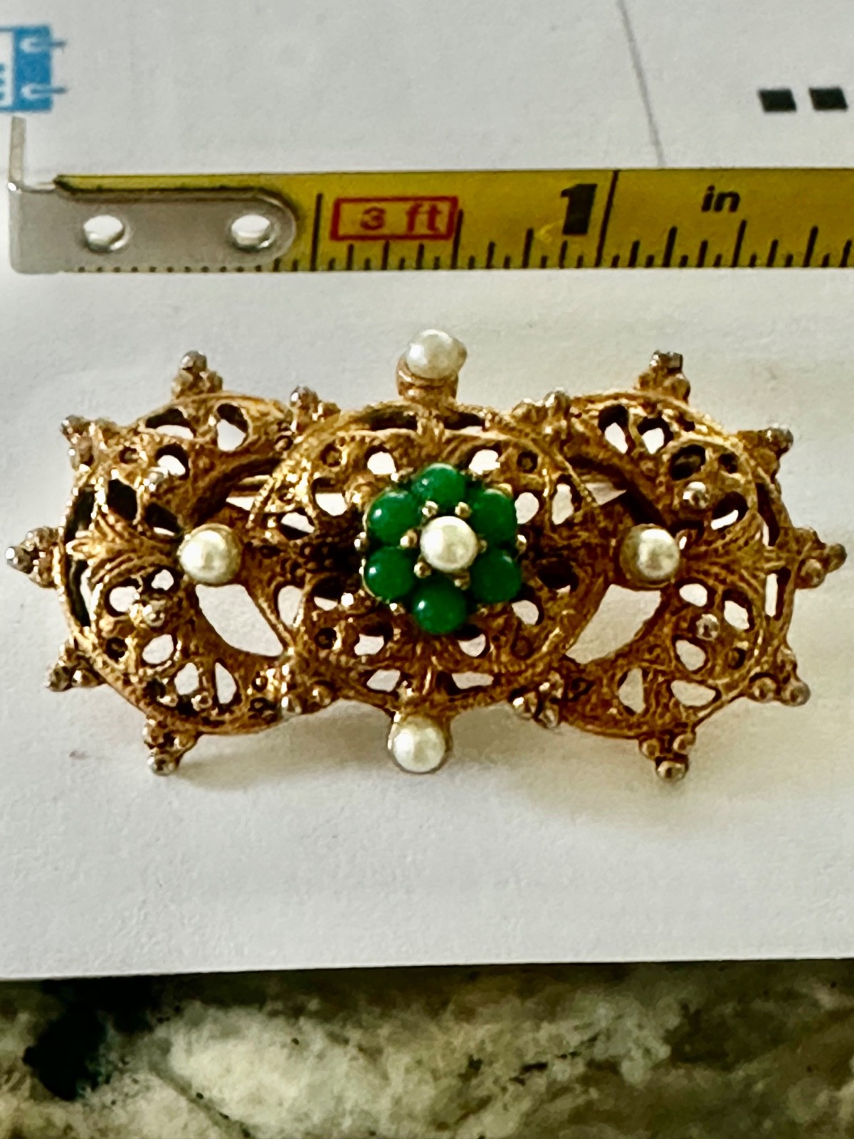 Vintage Gold Tone Filigree Bar Brooch Green glass flower faux pearls