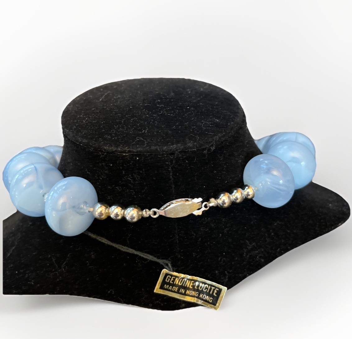 Geniune Lucite Necklace Chunky Collar Pale Blue Silver Tone Made In Hong Kong