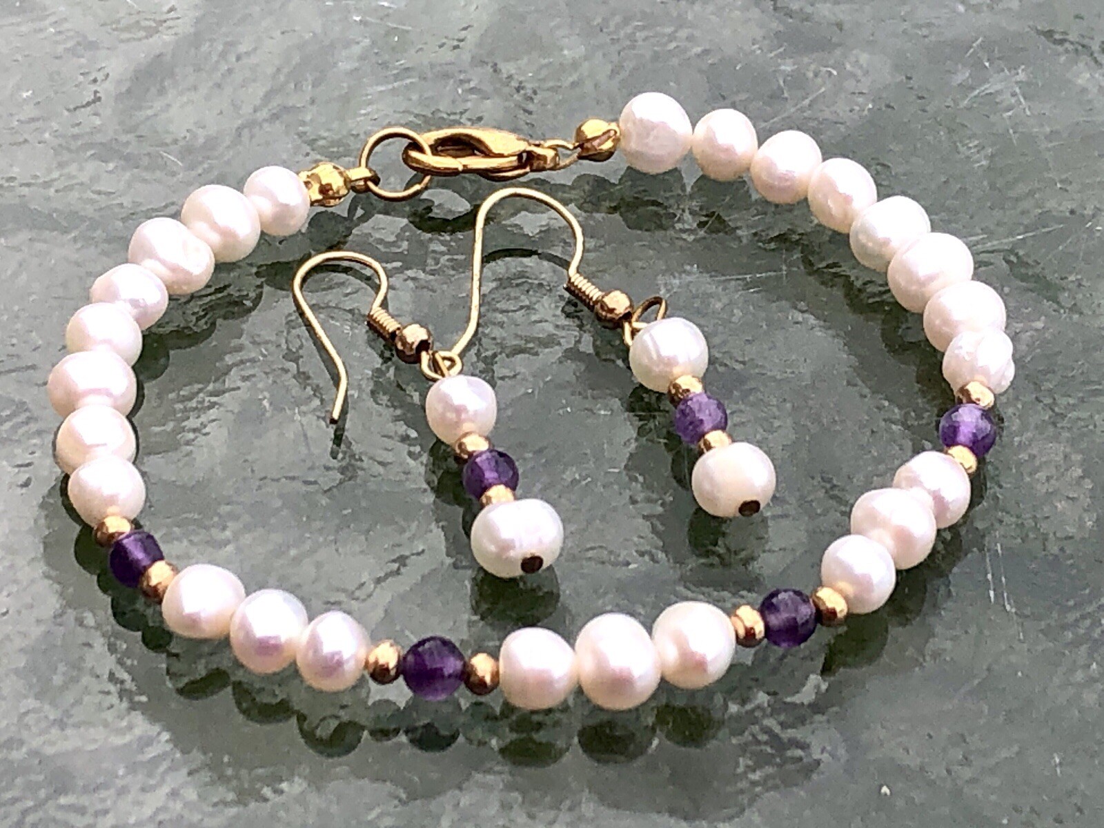 Vintage Genuine Pearl And Lavender Purple Amethyst Bead Bracelet & Earrings
