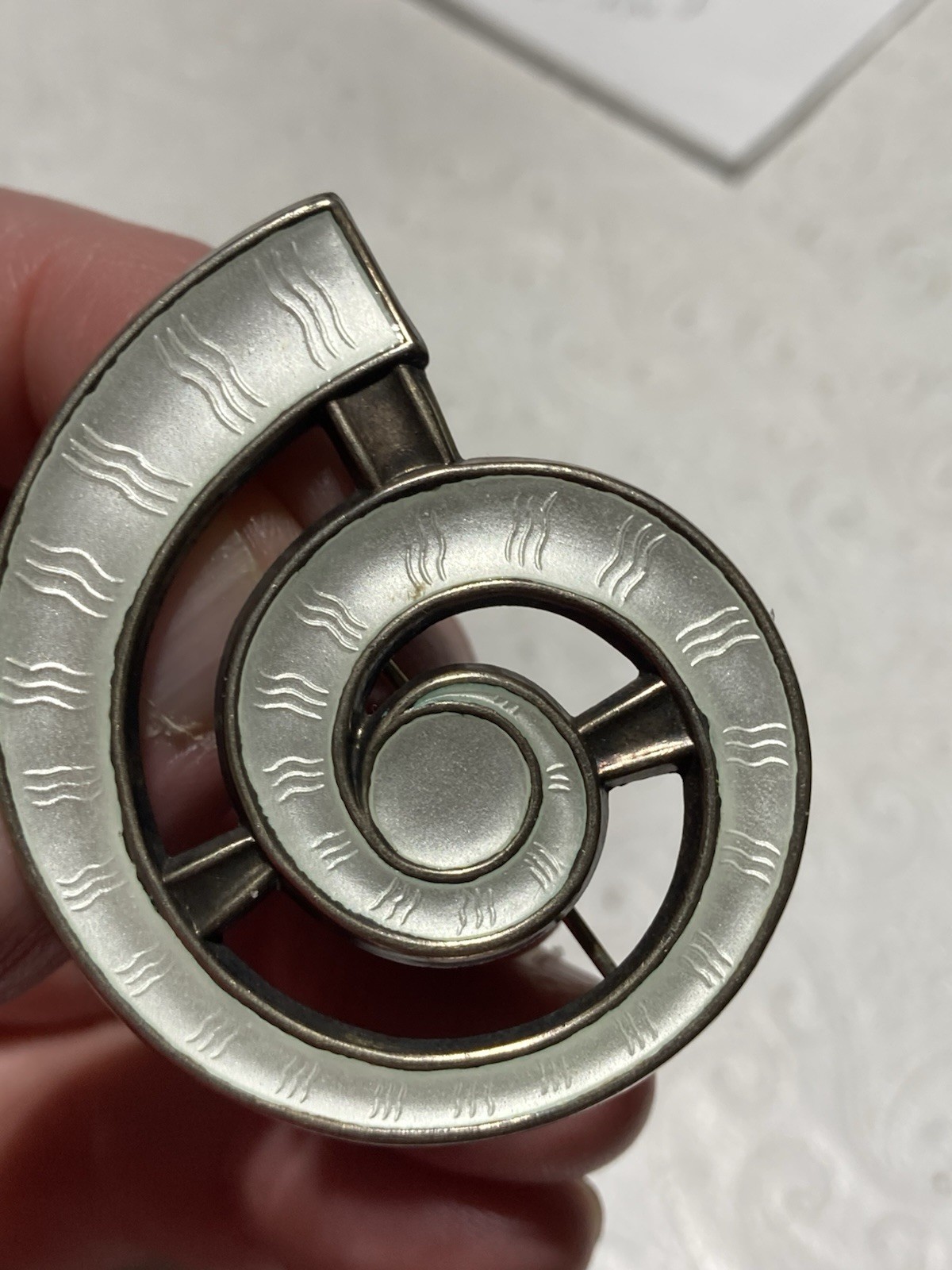 J Tostrup Sterling Guilloche Bright White Enamel Modernist Spiral Brooch/Pin VTG