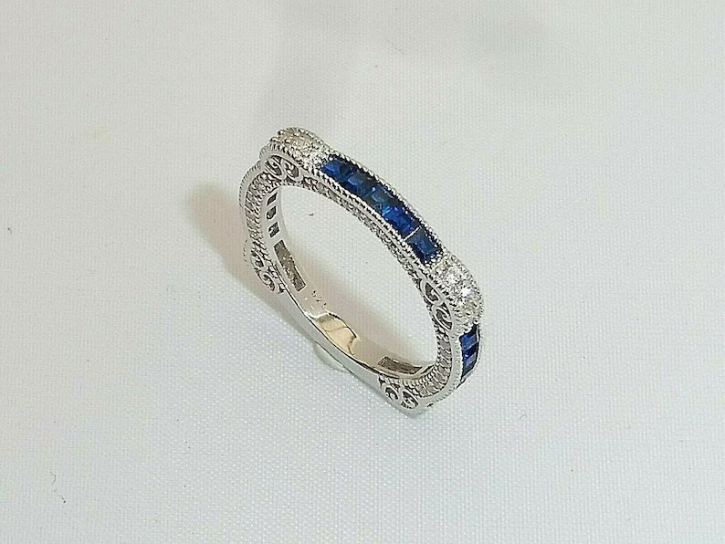 1/2 CTW Blue Baguette CZ Art Deco Antique Style Wedding Band Ring In 925 Silver