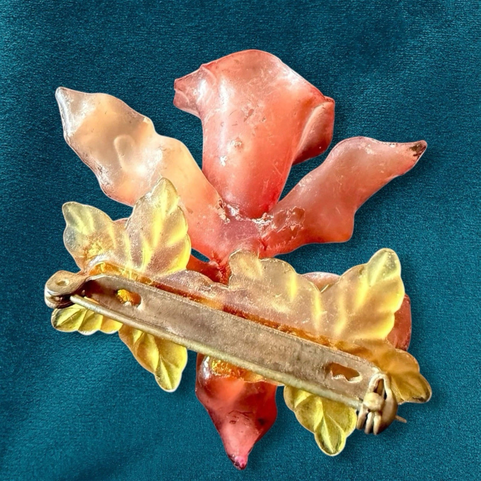 Cellulose Acetate Flower Brooch Pink Frosted Floral 1940s Vintage Orchid Pin
