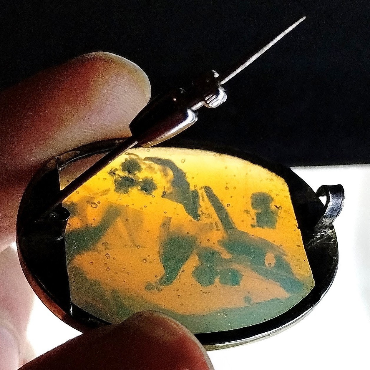 Antique Opalescent Glass Brooch Hand-Painted Birds C Clasp Victorian 1.5″