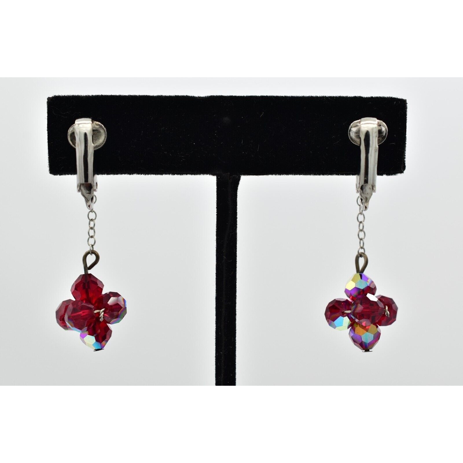 Vintage Red AB Crystal Clip On Earrings Dangle Drop Aurora Borealis 1950s A24