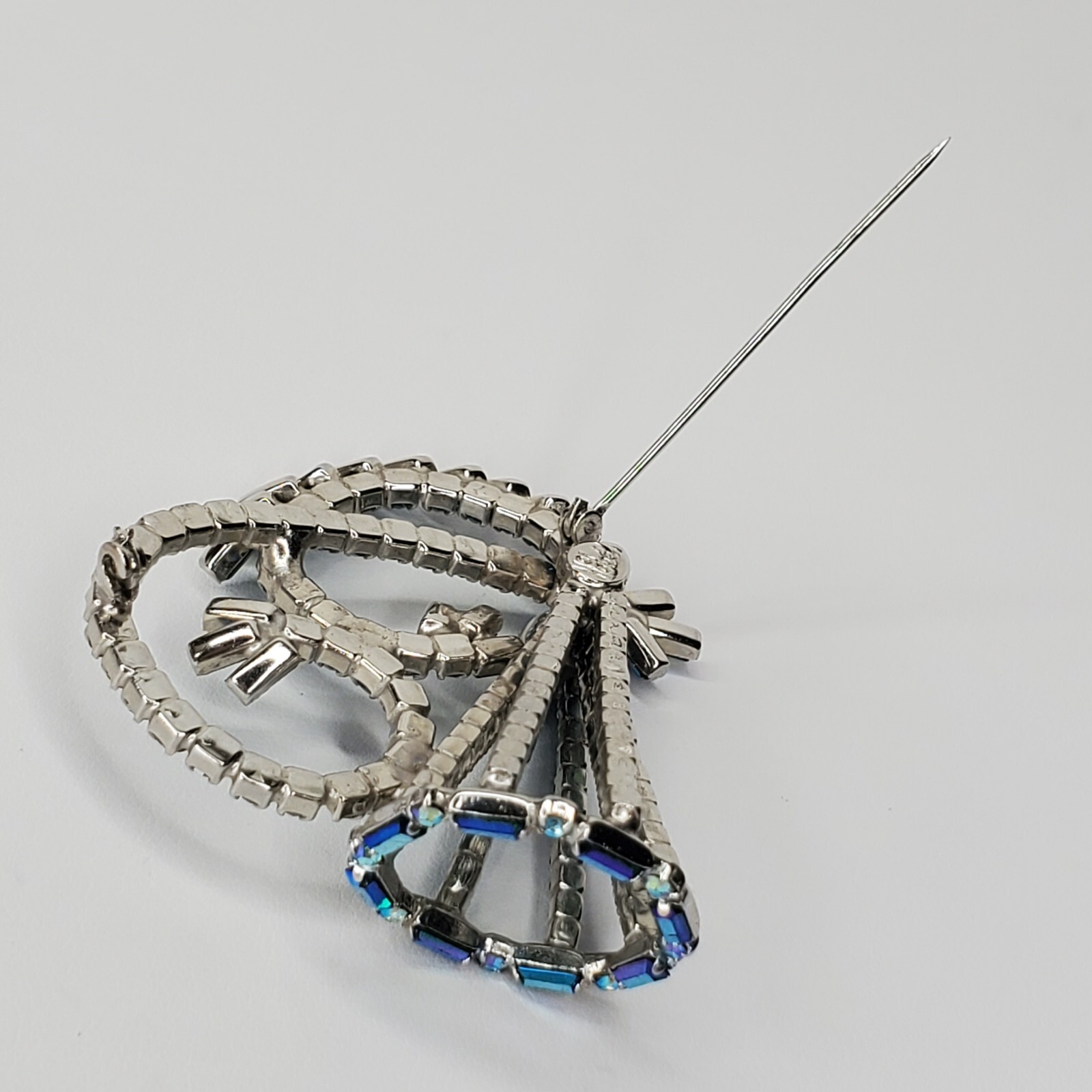 Vintage Hobe Brooch Peacock Blue AB Stones Baguettes Silver Tone 3D Signed