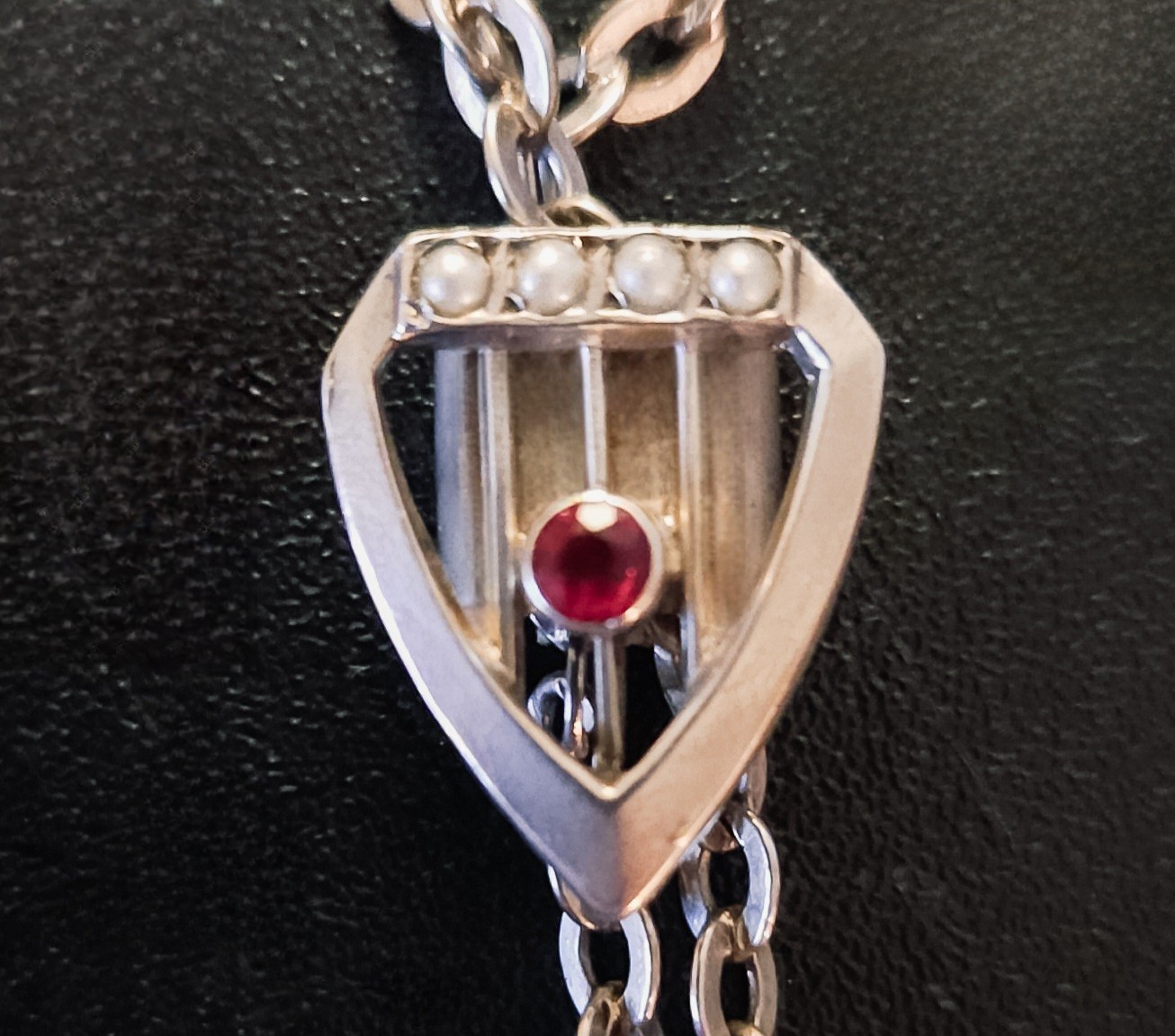 Victorian .800 Silver 57″ Guard Chain Watch Pendant Necklace Garnet Pearl Slide