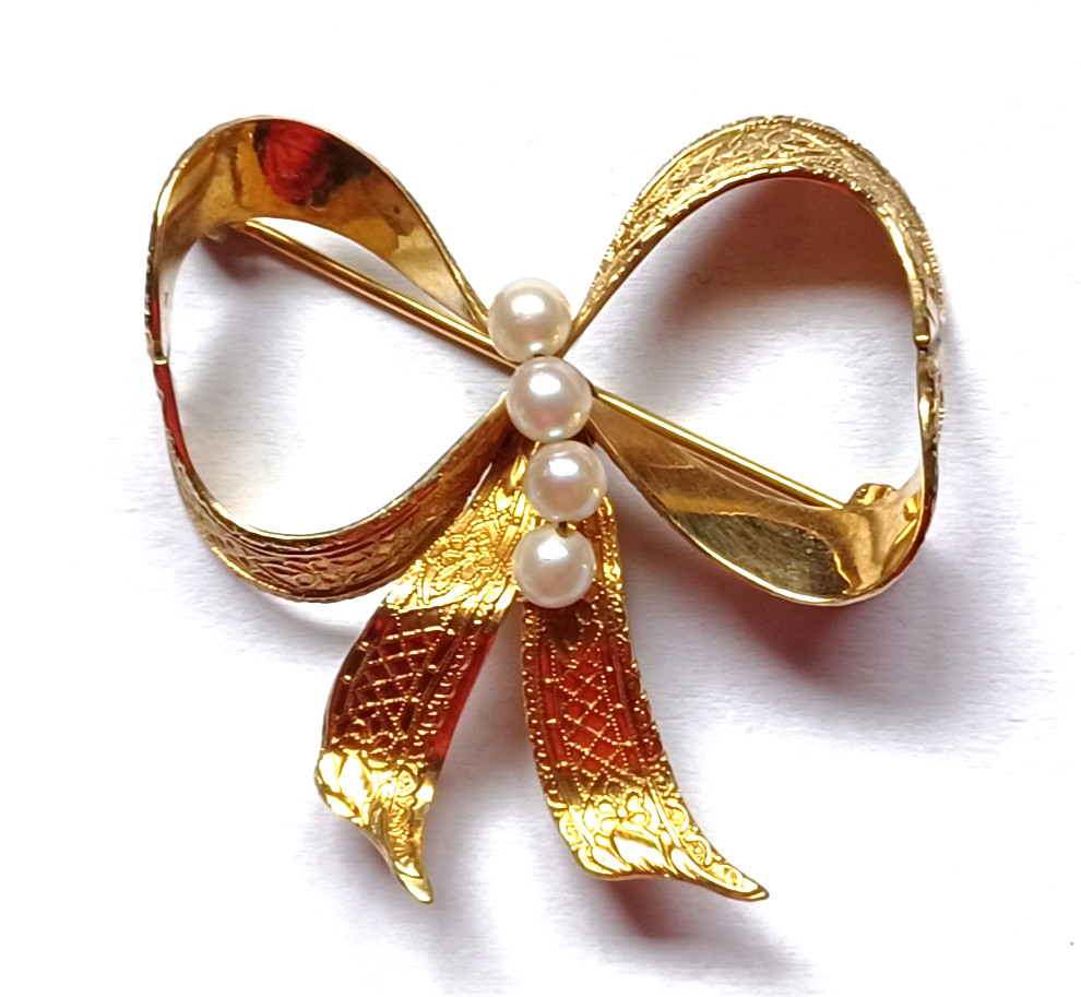 Vintage 12K Gold Filled Bow & Pearl Brooch Signed H.G.