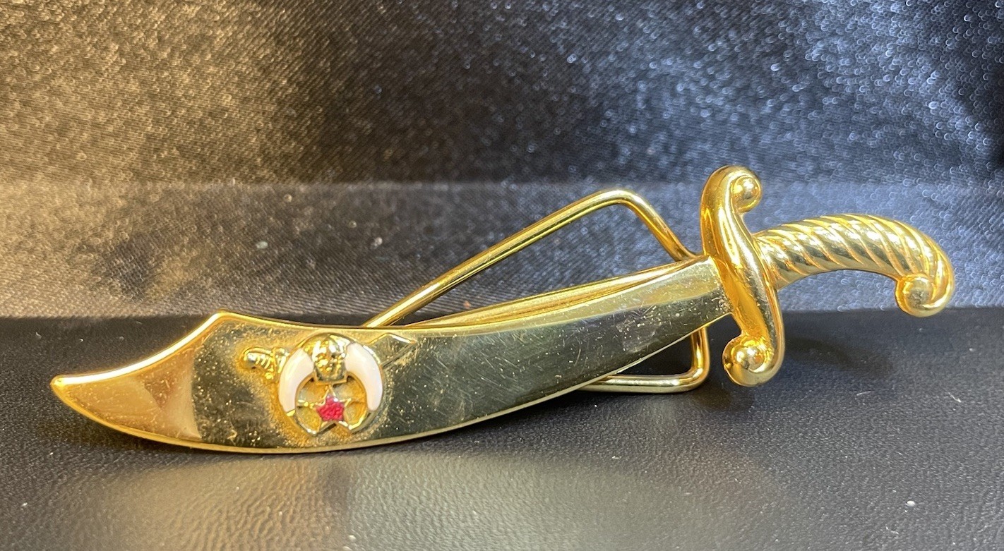 Vintage Gold Tone Scimitar Clip Brooch with Crescent Motif & Red Rhinestone