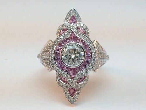 Art Deco Style 3.45Ct Lab Created Diamond & Sapphire Engagement 925 Silver Ring