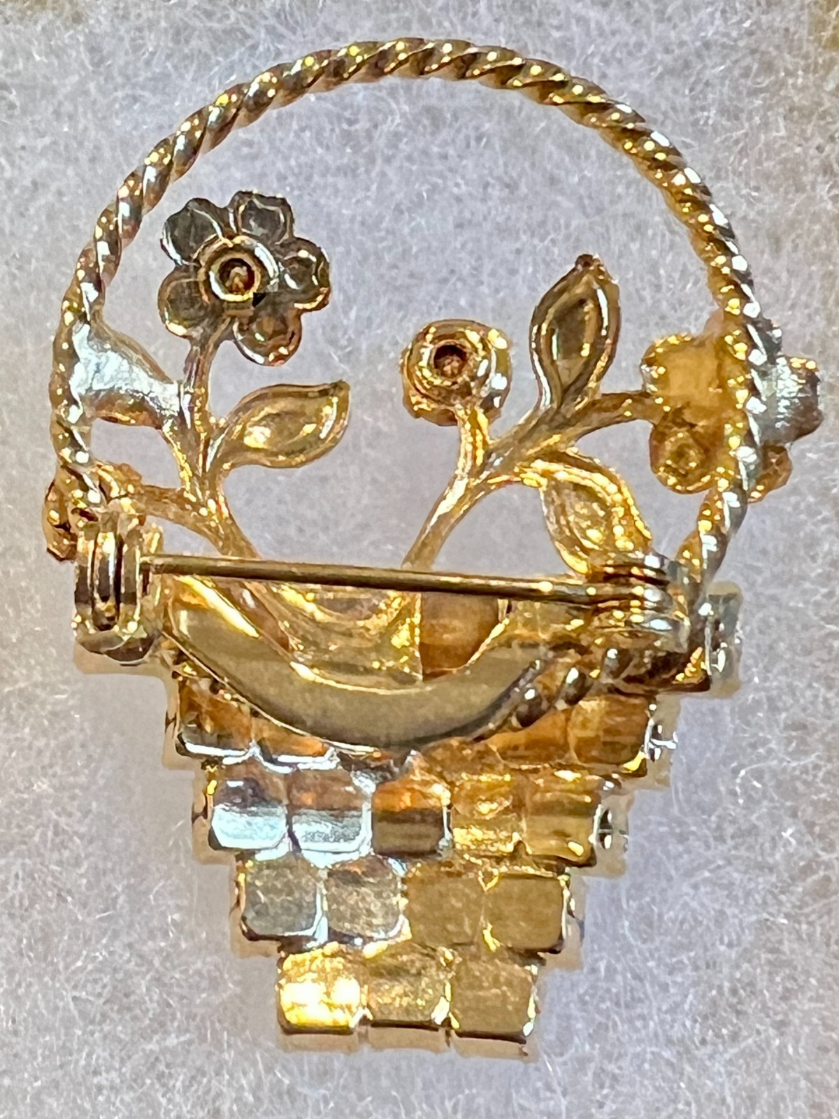 Vintage 60s Flower Basket Rhinestones Gold Tone Colorful Brooch Pin Uranium Glow