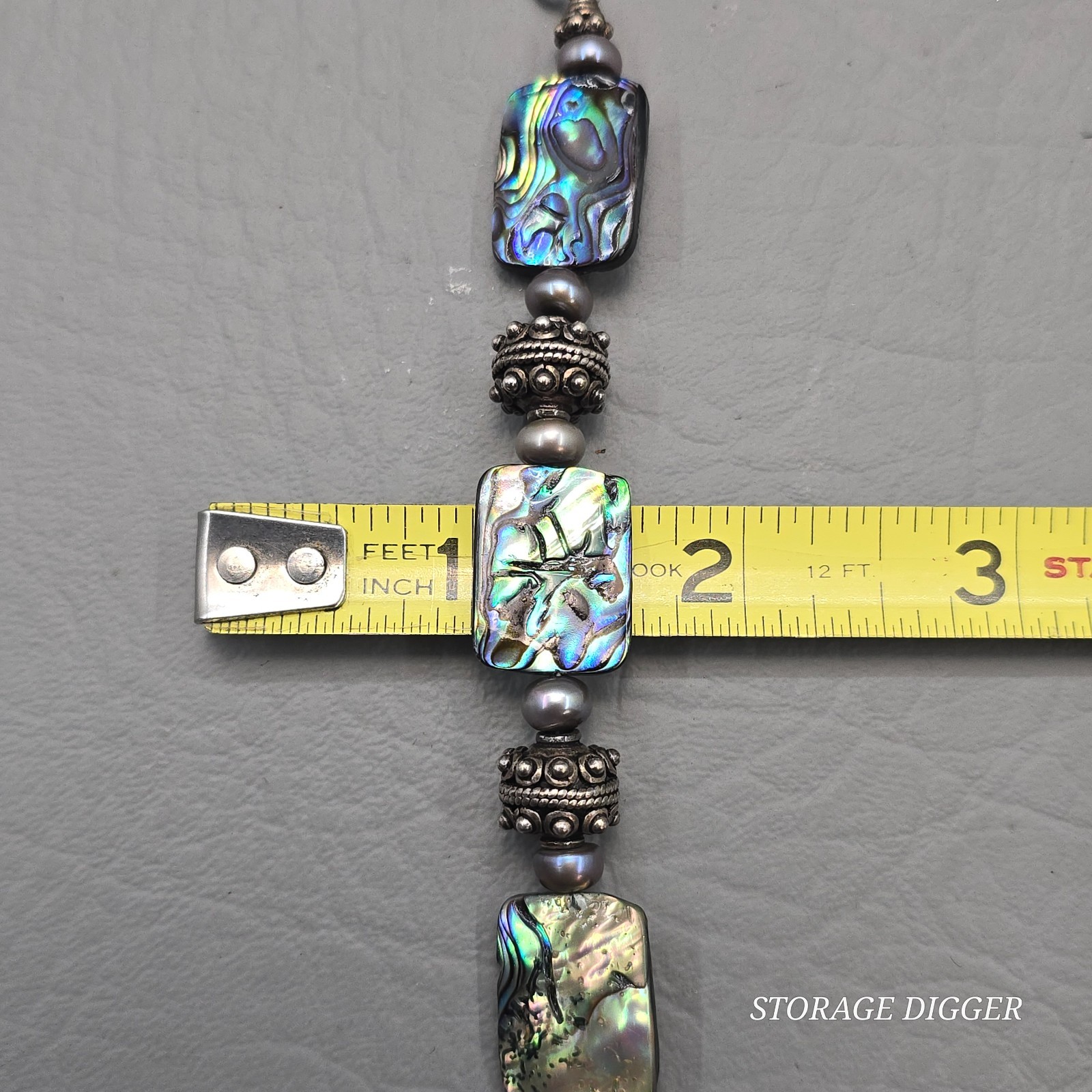 VTG Rectangle Abalones & Silver Tone Beaded Bracelet 8.75″ Long, Toggle Closure