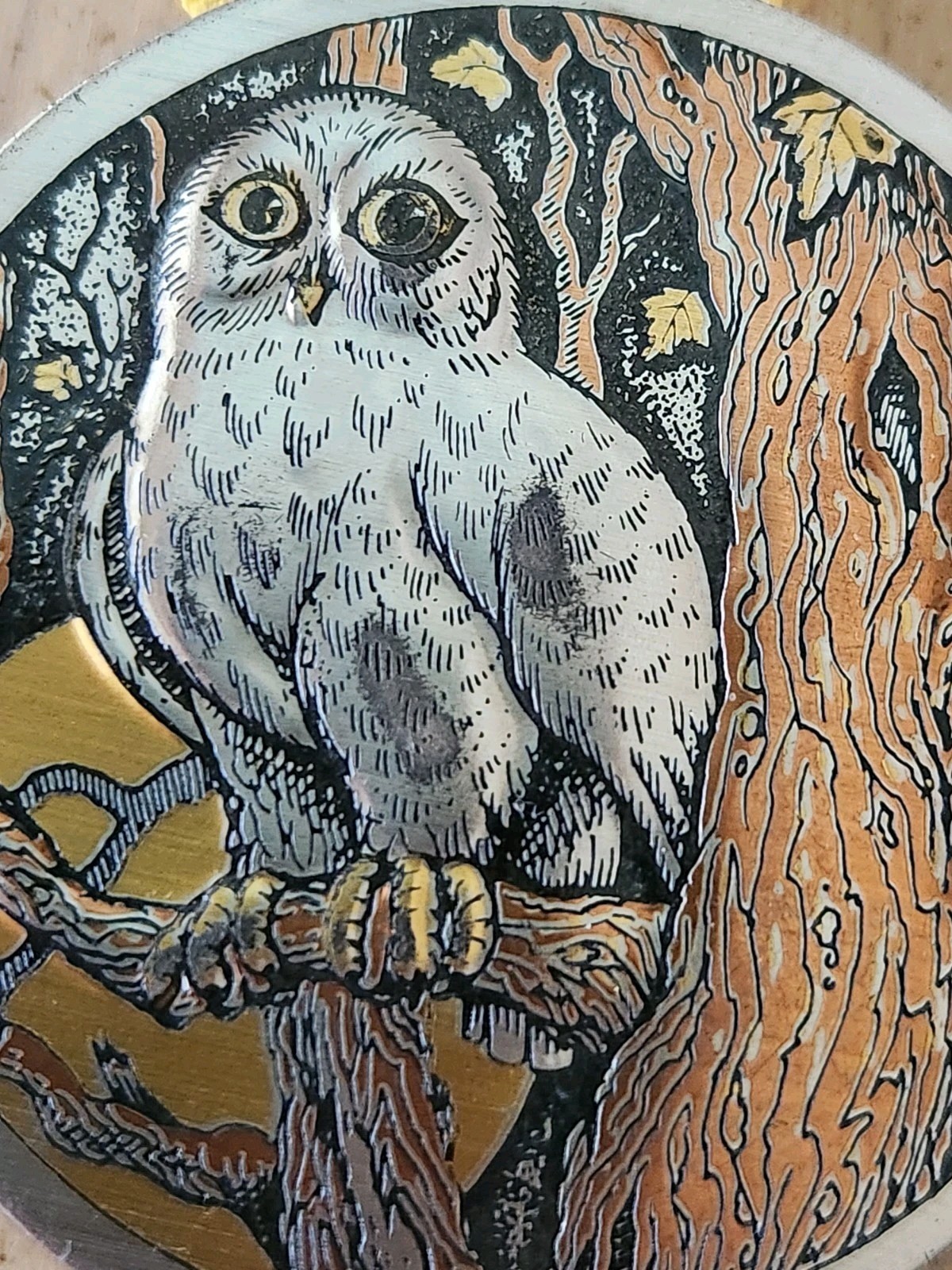Vintage Reed & Barton Damascene gold washed Ornament Pendant Owl in Forest