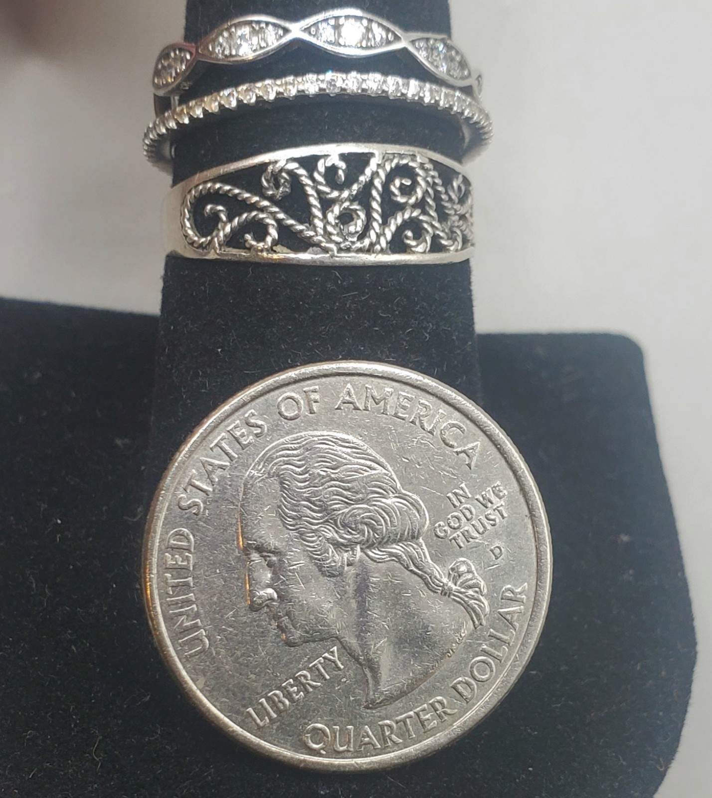 3 Sterling Silver Rings Sz 8: Filigree Lace + 2 Cz Bands – 1 Missing 3 Tiny Cz’s