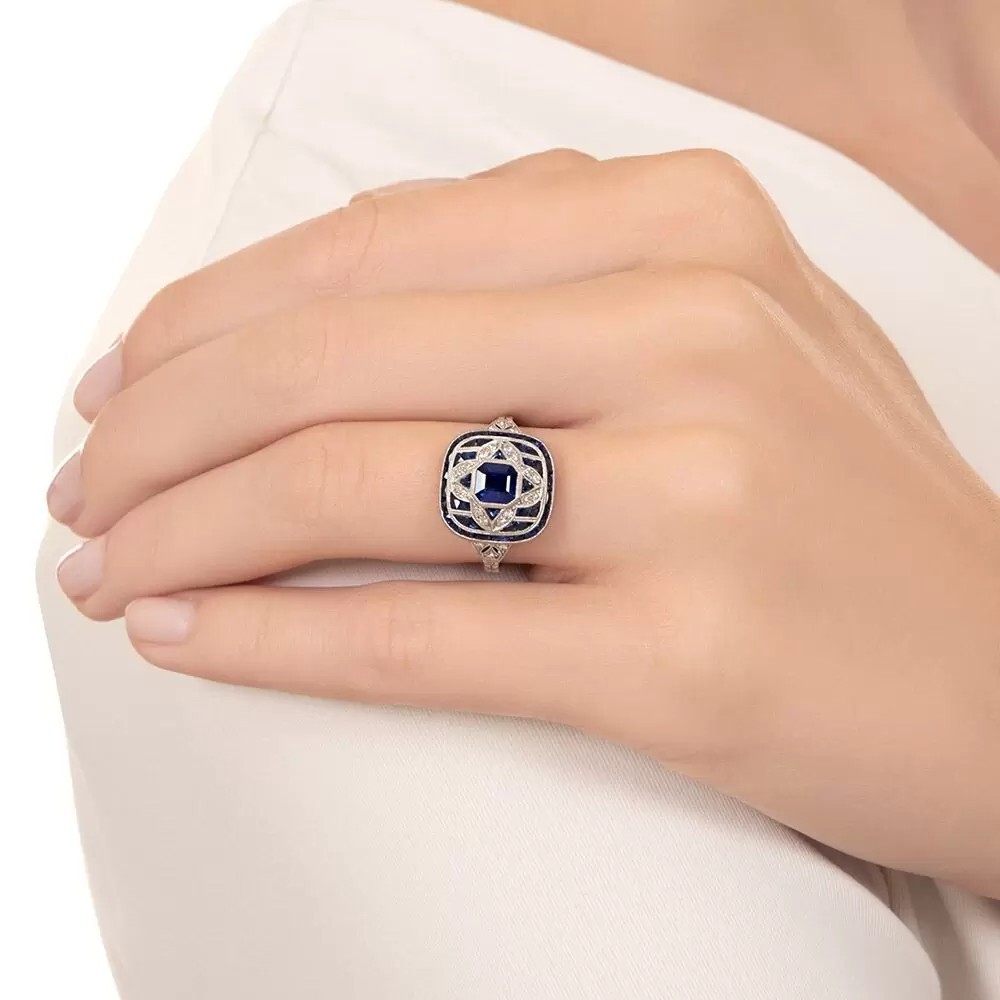 Art Deco Emerald Cut Sapphire & Lab Created Diamond 925 Silver Anniversary Ring