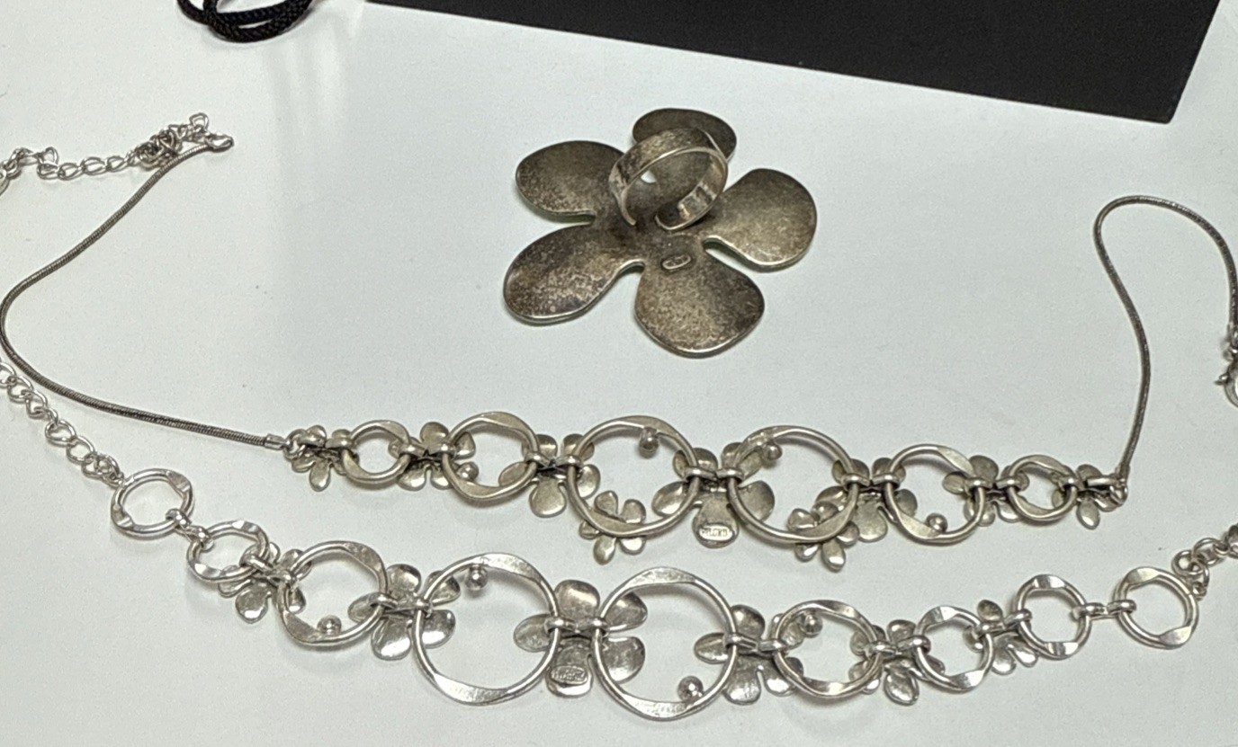PILGRIM SIGNED SILVER TONE LIGHT GREEN ENAMELED RING BRACELET NECKLACE SET 3pc