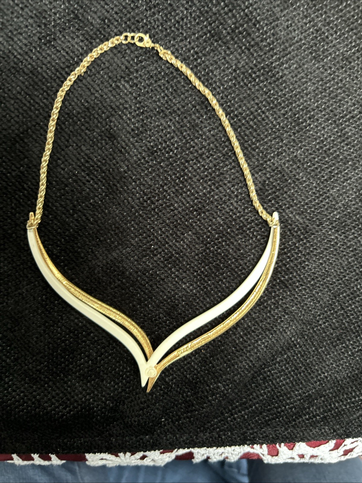 Vintage Monet Double V Neck Swirl Choker Necklace Two Tone Gold Off White Signed