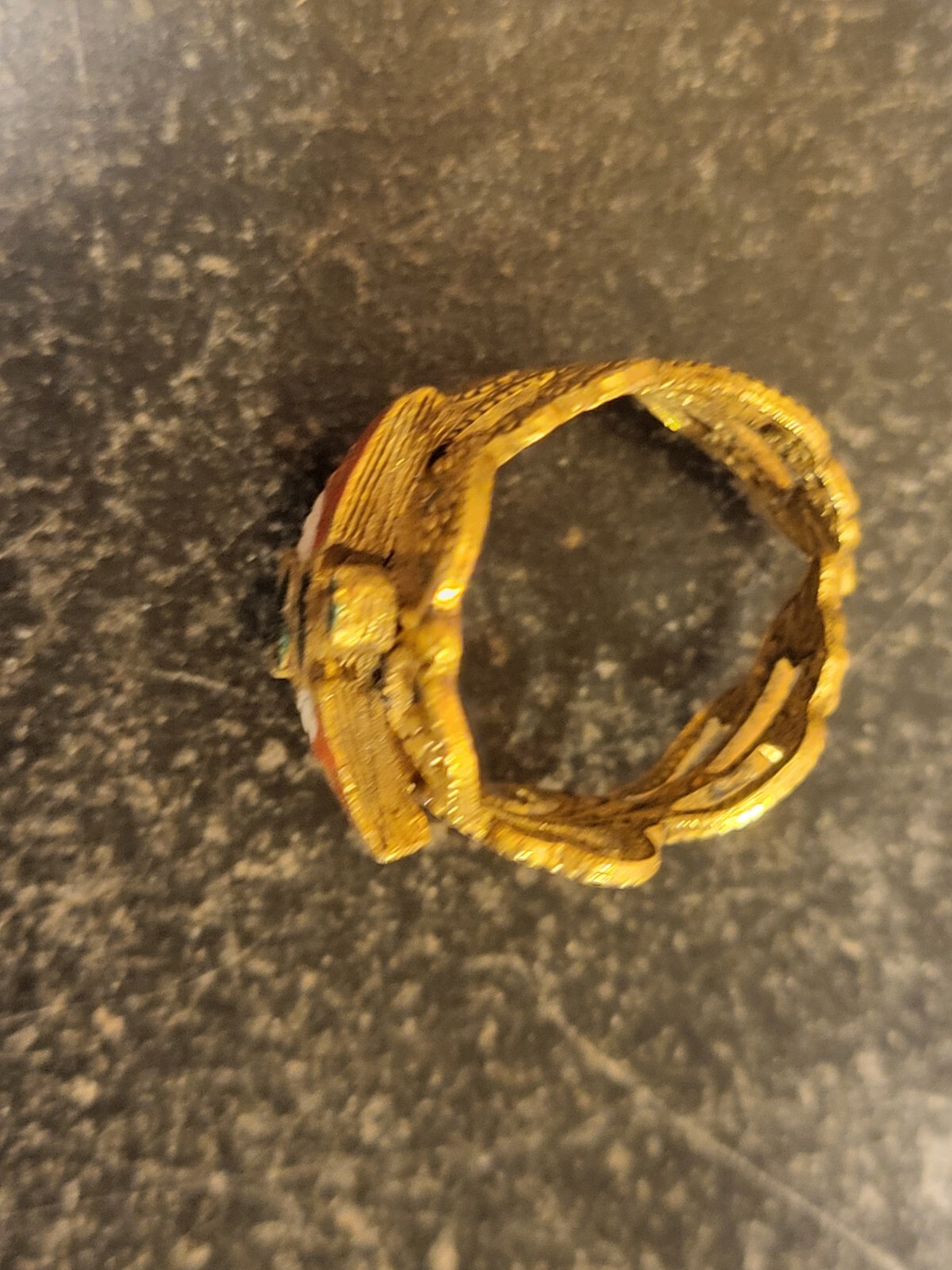 Vtg Fillagree Eagle Cigar Band Gold Tone Cuff Ring Patriotic Red White Blue