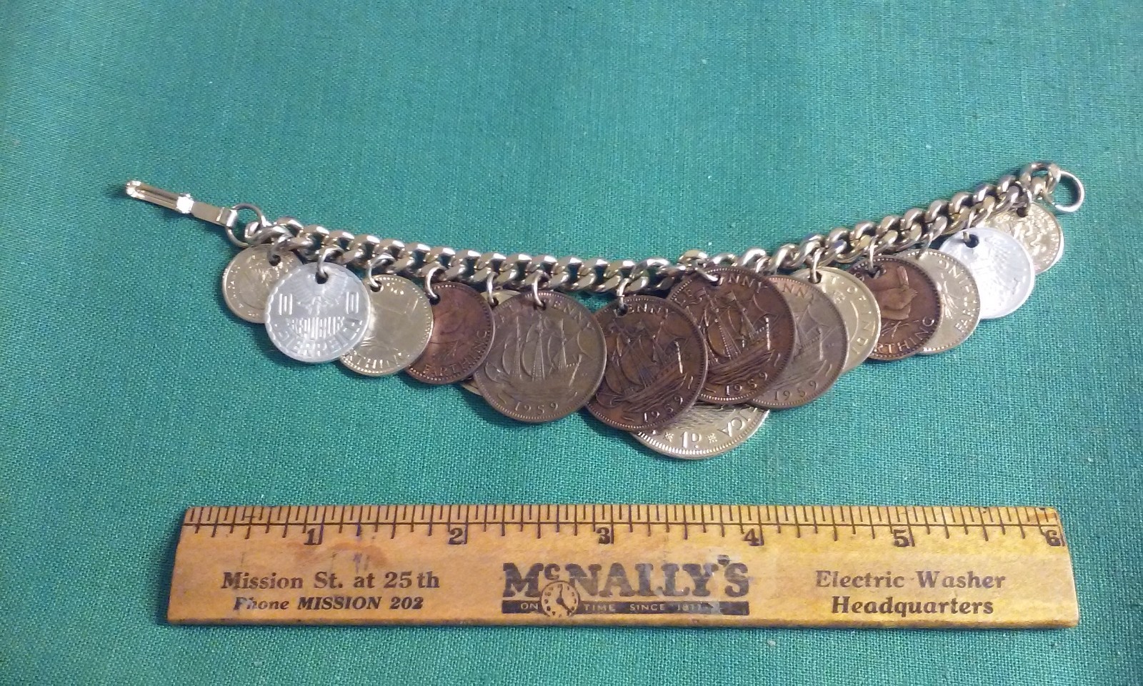 Vintage 15 RARE 1950’s Coin Charm Bracelet South Africa, India, Osterreich 8″