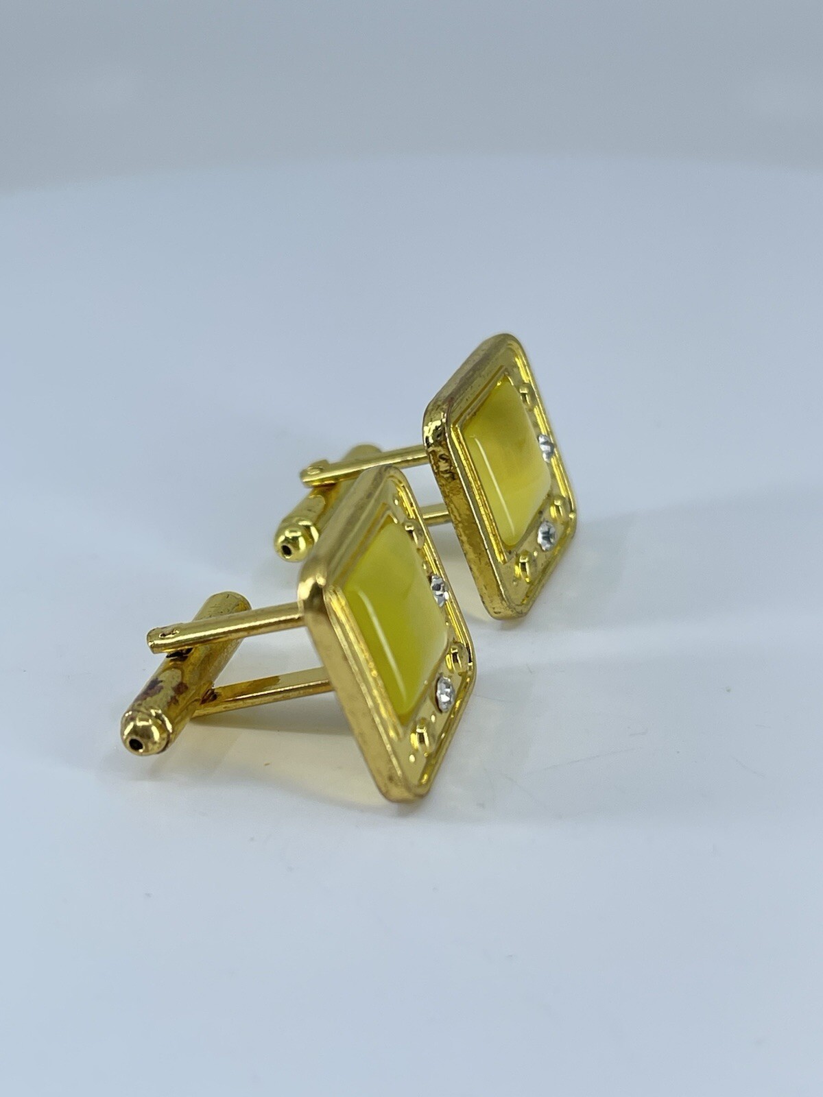 gold tone square yellow glass cufflinks white rhinestones accents bullet backs
