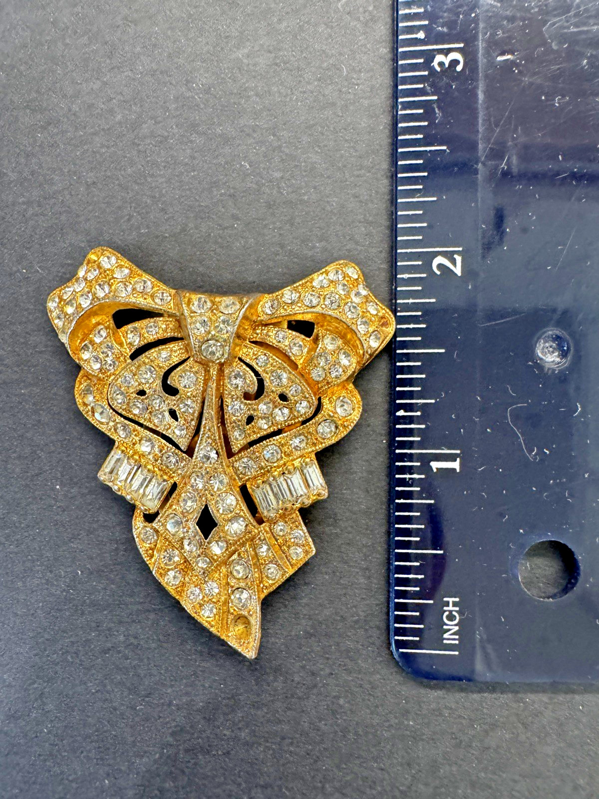 Vintage 1940s Unsigned Rhinestone Dress Clip, Art Deco Bow Fur Clip