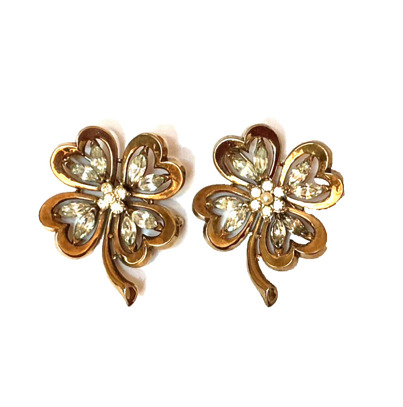 Vintage Crown Trifari Sterling Sillver Clover Brooch Pin Goldtone Set of 2