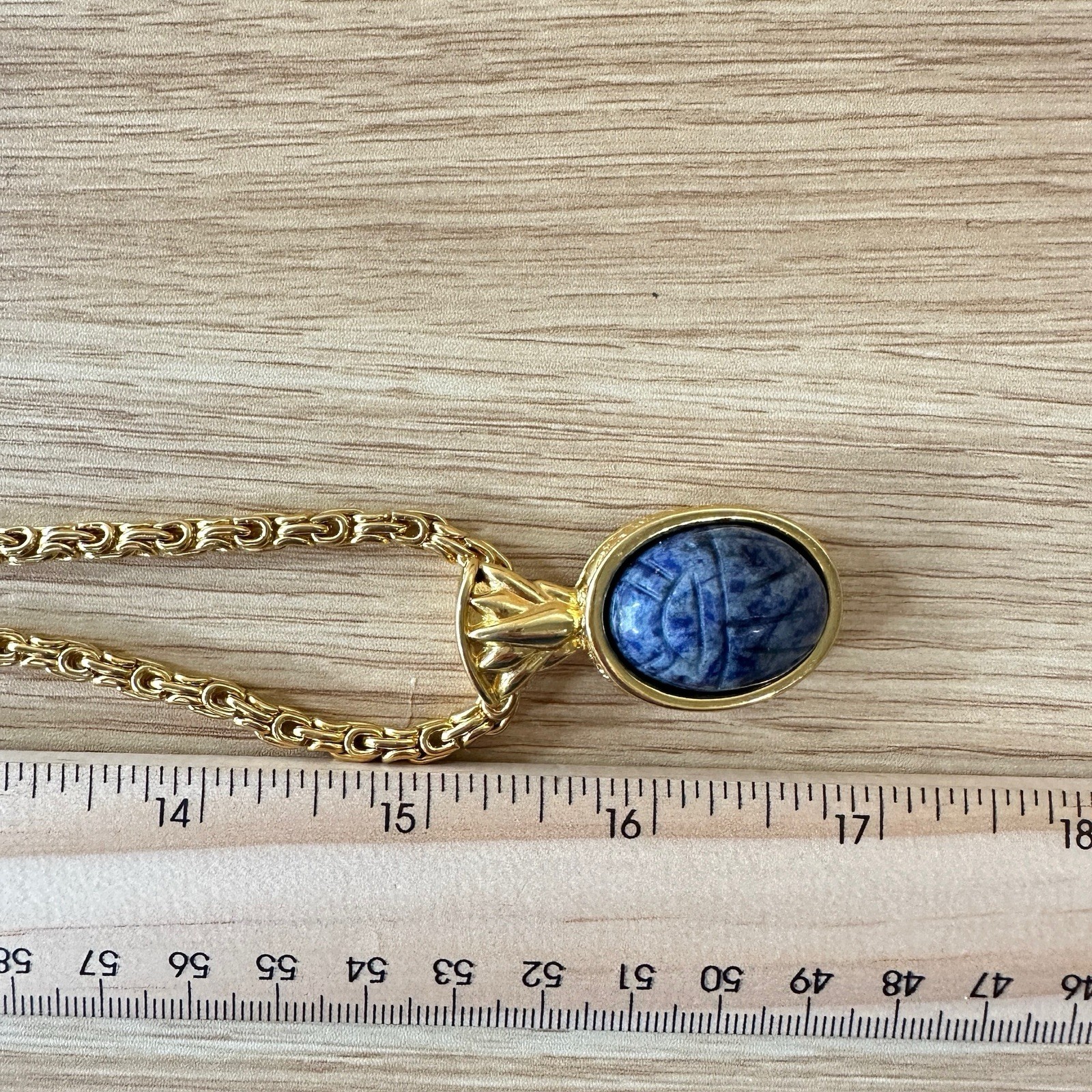 Vtg Kenneth Lane Byzantine Necklace Egyptian Revival Scarab KJL Faux Lapis 34″