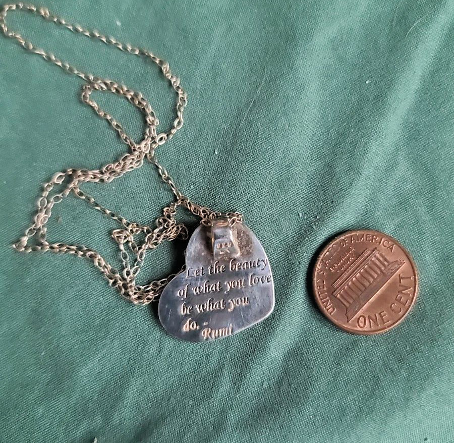 Sterling Silver SIGNED LA Hammered VTG Heart Necklace RUMI QUOTE What You Love..