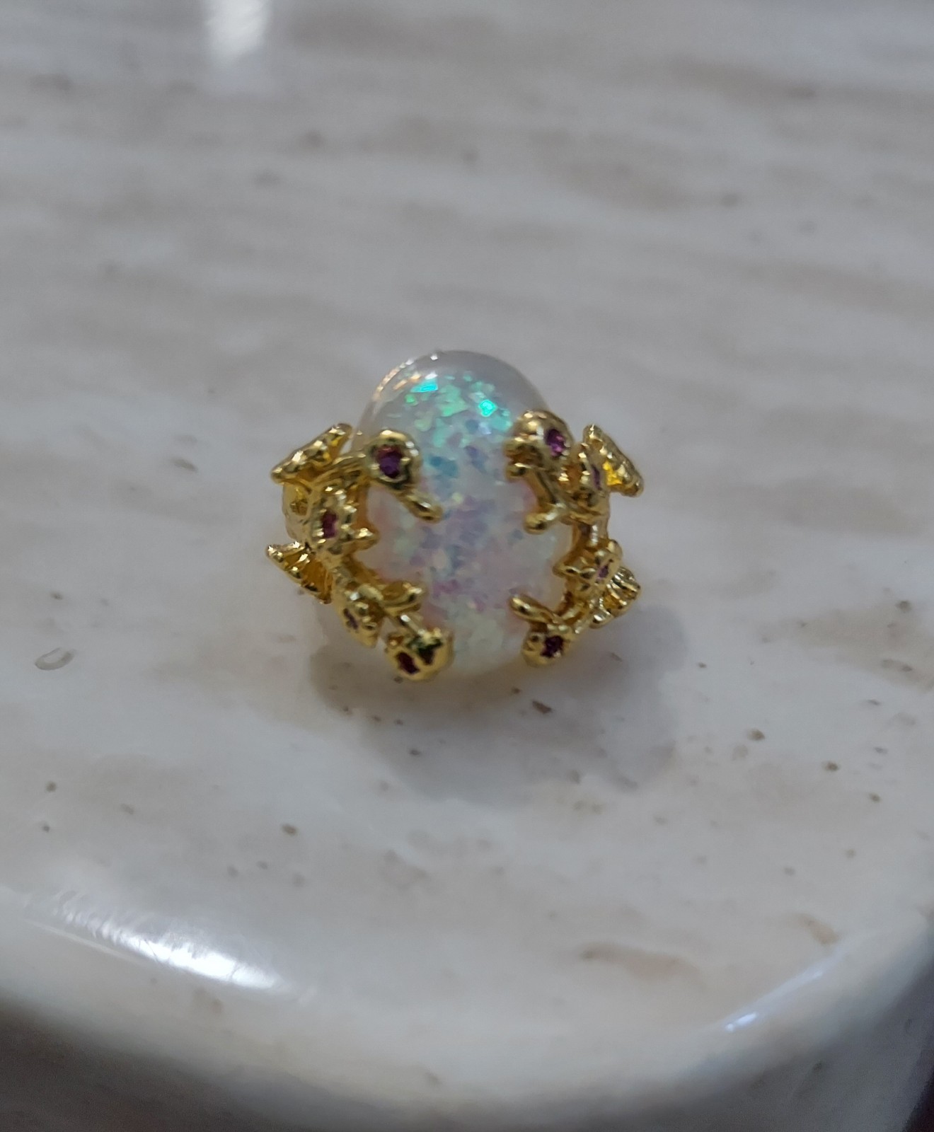 Vintage Style Opal Ring Gold Tone Statement Ring Iridescent Gemstone Jewelry .