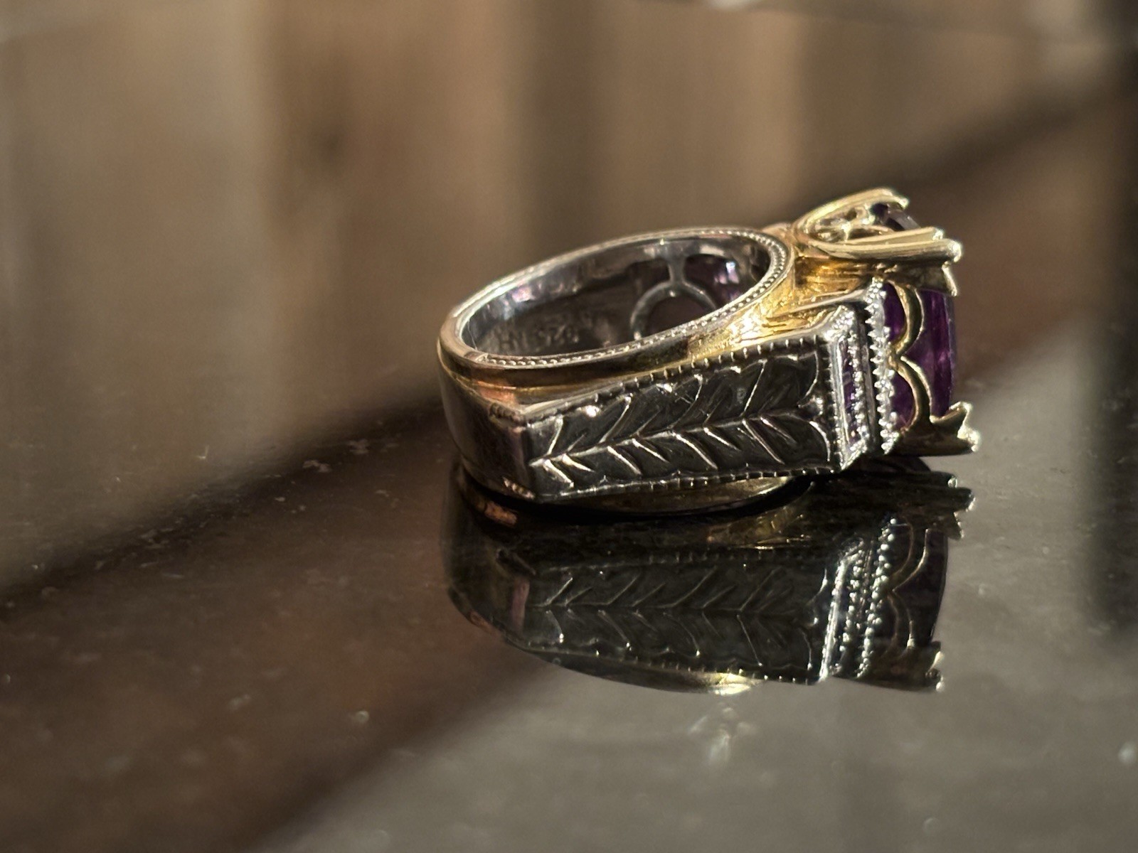 Vintage Chunky Square Two-tone 925 Sterling Silver Amethyst Cocktail Ring sz 6.5
