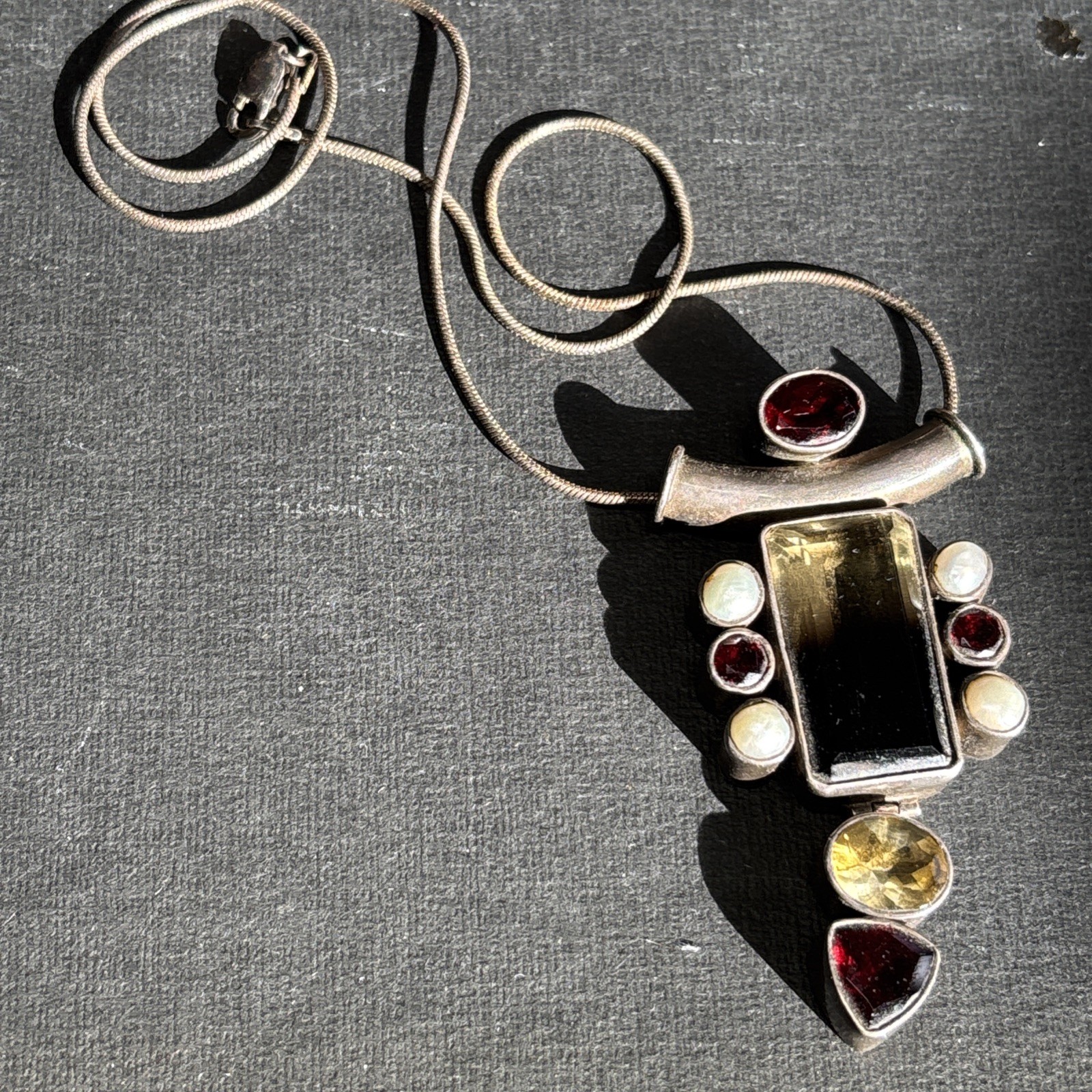 Vintage 925 Sterling Silver Multi-Colored Gemstone and Pearl Pendant 14” 925