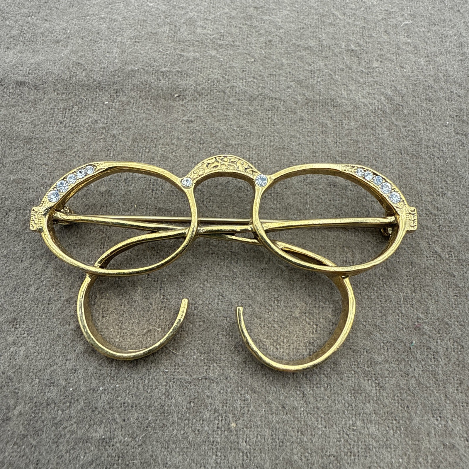 Vintage Gold tone Spectacle Eyeglasses with Rhinestones Pin Brooch