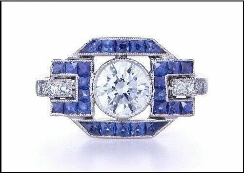 Art Deco Style Lab Created Diamond & Sapphire Anniversary 14K White Gold FN Ring