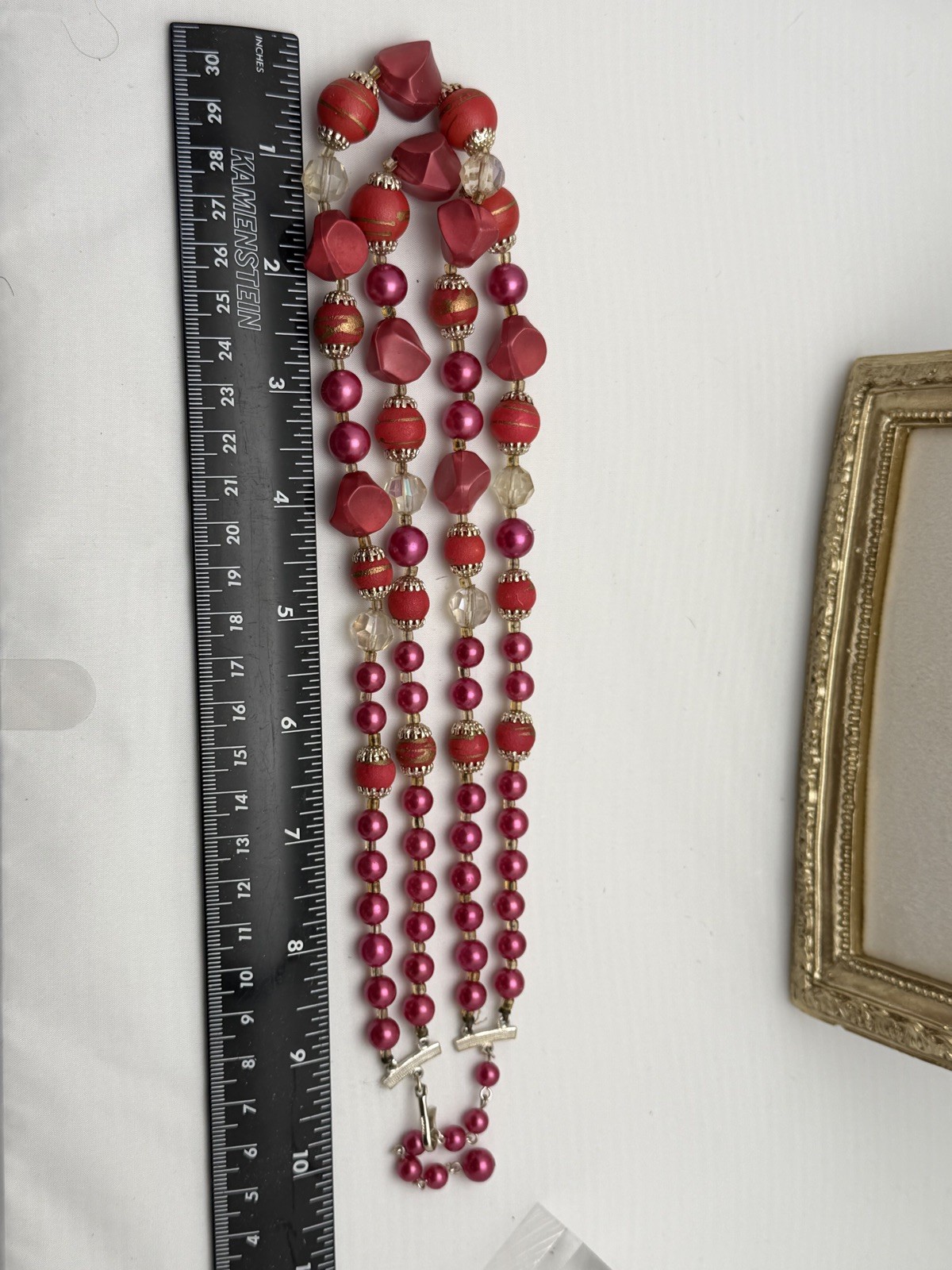 Vintage Japan Made Marked Pink & Red Three Strand Draping Beaded Necklace