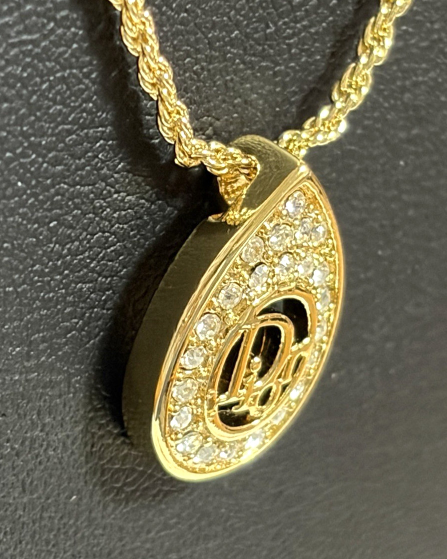 Christian Dior necklace pendant with CD logo rhinestones gold plated teardrop