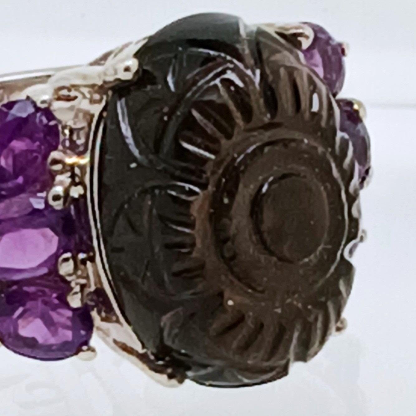 Vintage 1990s Thailand CBS 925 Sterling Silver Carved Onyx Amethyst Ring Size 8