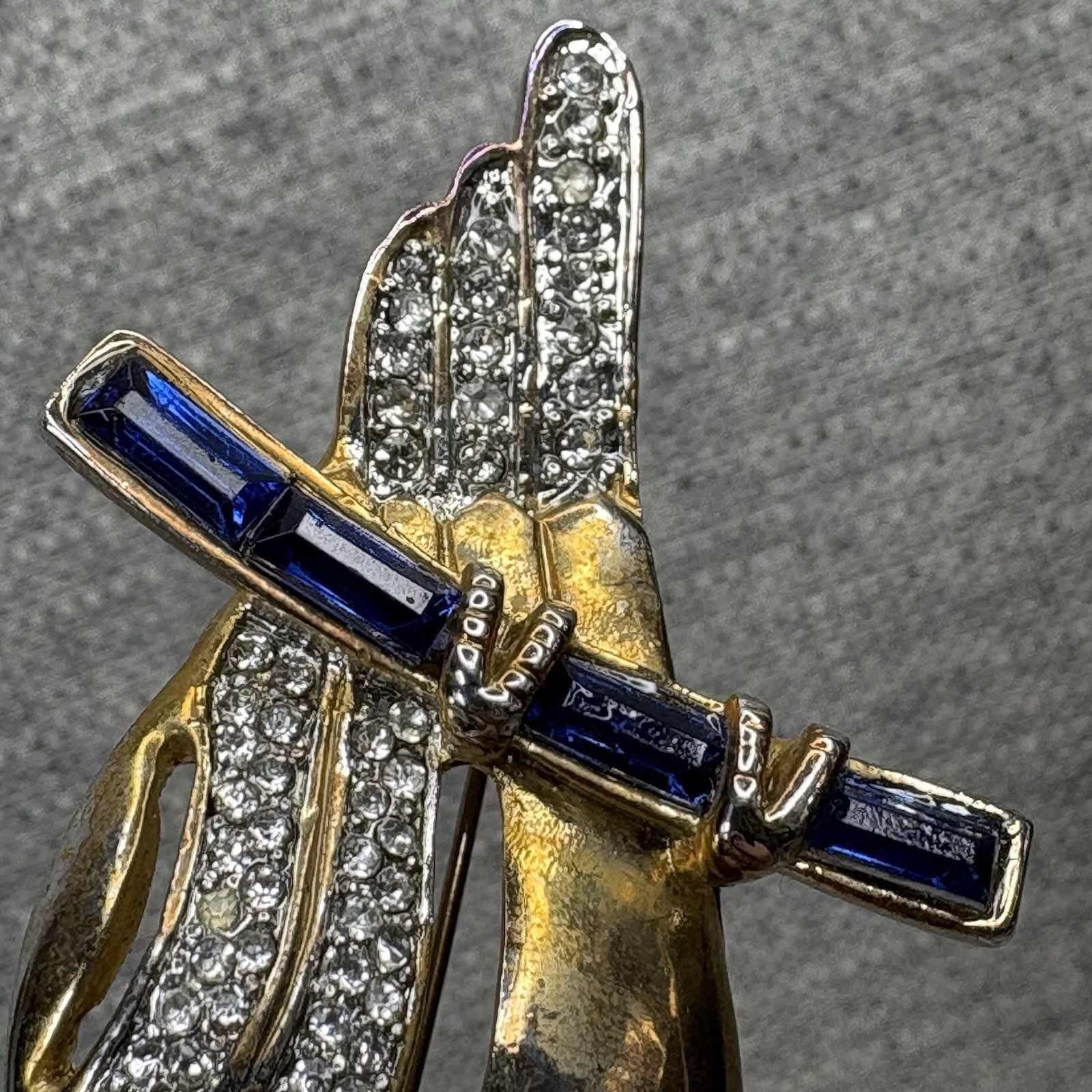 Vintage Gold Tone Owl Brooch Blue Baguette Eyes Rhinestone Pave Figural Pin