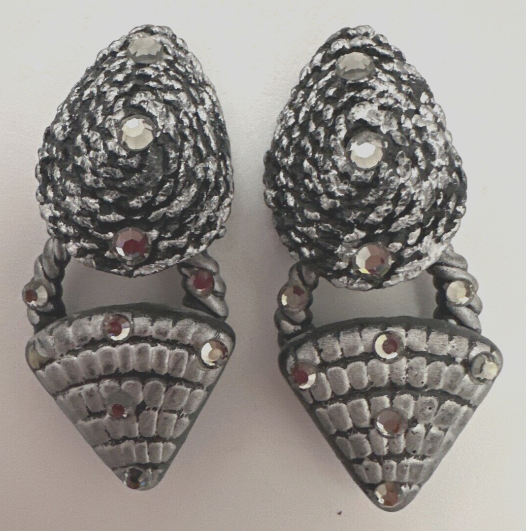 Vintage Jeff Lieb Clip Earrings Black/Silver/ Rhinestone One Of A Kind Handmade