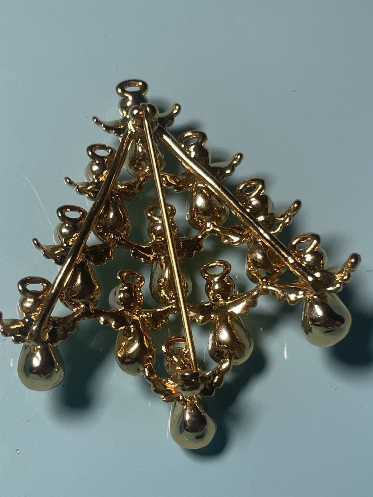 Vintage Christmas Angel Tree Brooch Gold Tone Faux Pearl Rhinestone Holiday Pin